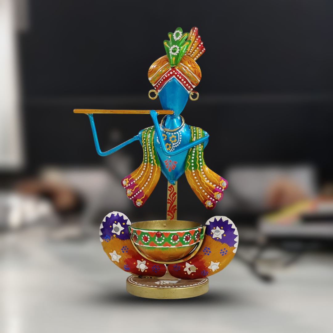 Krishna Tealight Holder (Iron, 26 cm, Blue) - Handcrafted Tea Light Stand | Home Décor | Festive & Gifting
