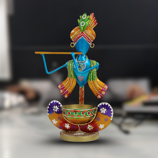 Krishna Tealight Holder (Iron, 26 cm, Blue) - Handcrafted Tea Light Stand | Home Décor | Festive & Gifting