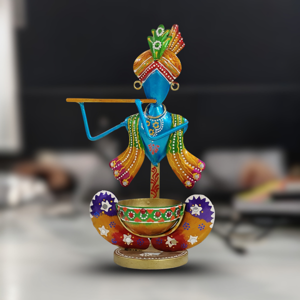 Krishna Tealight Holder (Iron, 26 cm, Blue) - Handcrafted Tea Light Stand | Home Décor | Festive & Gifting