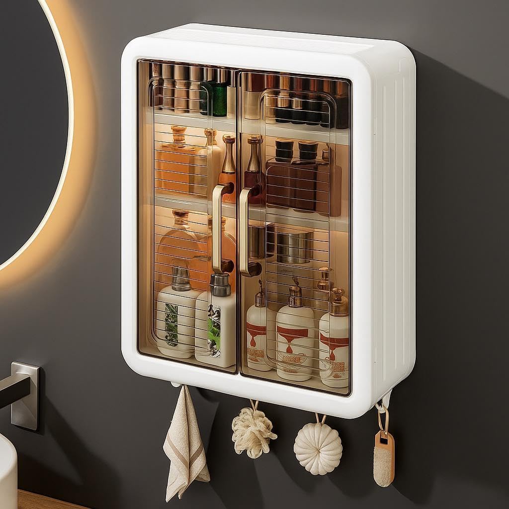 Wall Mounted Self Adhesive Bathroom Shelf Storage Cabinet for Kitchen Multipurpose Organizer with Doors and Shelves