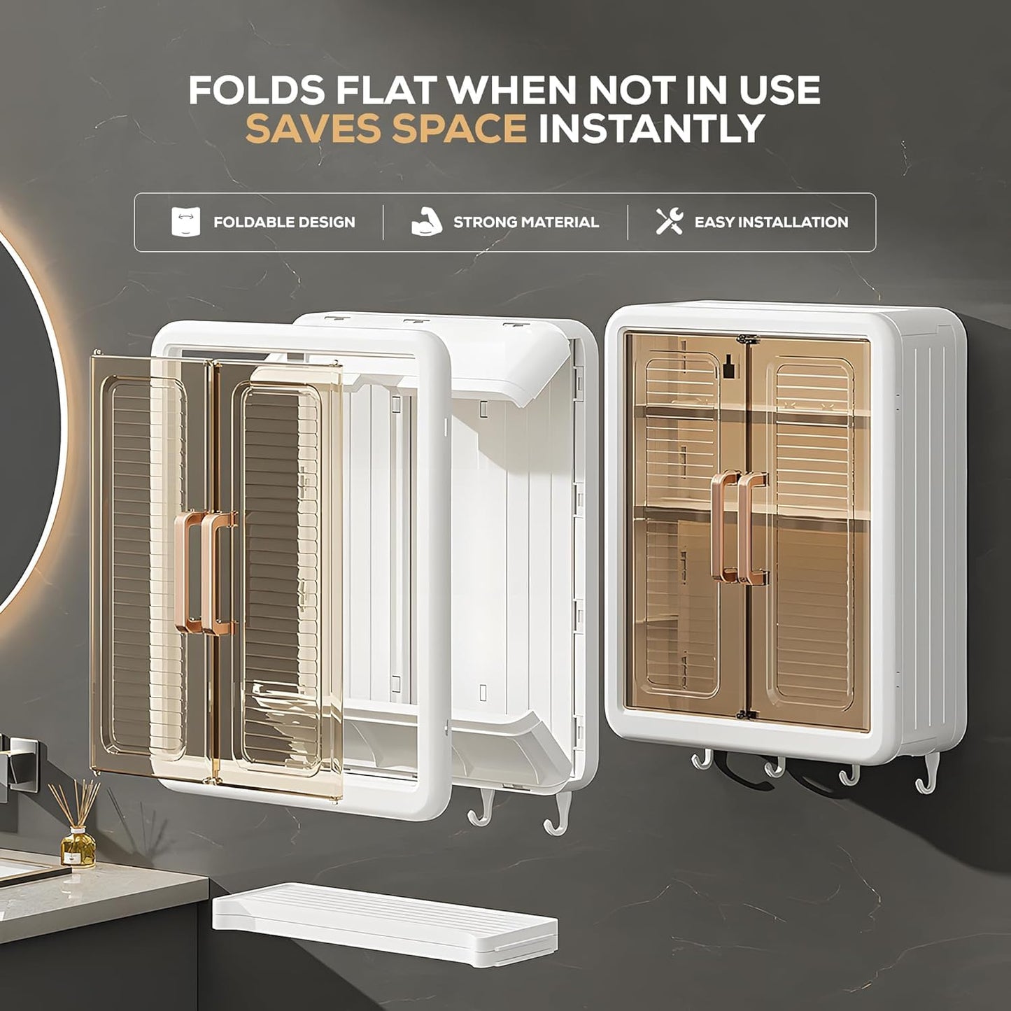 Wall Mounted Self Adhesive Bathroom Shelf Storage Cabinet for Kitchen Multipurpose Organizer with Doors and Shelves